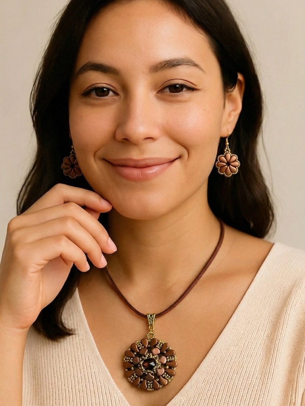 Handcrafted Brown Floral Pendant Necklace and Earrings Set